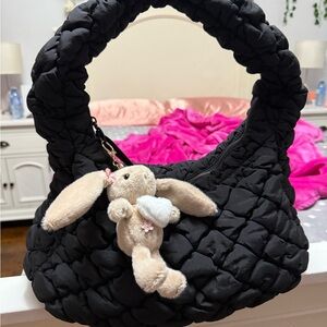 Black Quilted Women's Bag with Plush Charm
